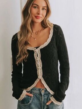 Free People Adelene Black Knit Cardigan